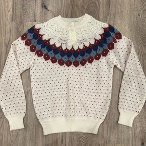 Vtg WYE OAKS Pullover Sweater Size L White Buttons Heart Pattern Embroidery
